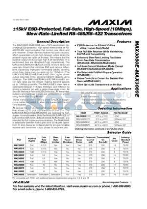 MAX3089EEPD datasheet - a15kVESD-Protected,Fail-Safe,High-Speed (10Mbps), Slew-Rate-Limited RS-485/RS-422 Transceivers