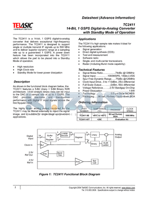 TC2411-IB datasheet - 14-Bit, 1 GSPS Digital-to-Analog Converter with Standby Mode of Operation