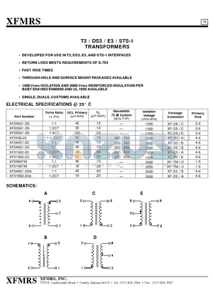 XF01962-20A datasheet - T3 / DS3 / E3 / STS-1 TRANSFORMERS