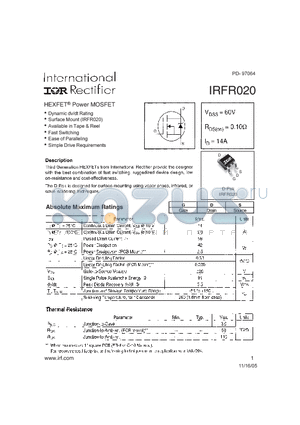 IRFR020 datasheet - HEXFETR Power MOSFET