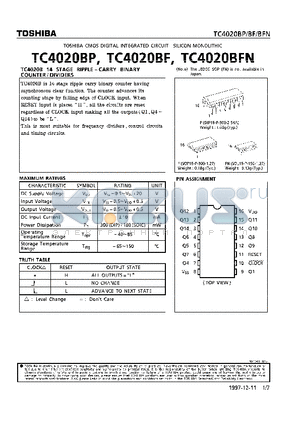 TC4020BP datasheet - 14 STAGE RIPPLE-CARRY BINARY COUNTER/DIVIDERS