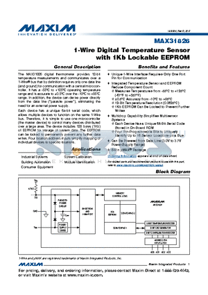 MAX31826 datasheet - 1-Wire Digital Temperature Sensor with 1Kb Lockable EEPROM