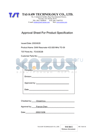 TC433E2B datasheet - SAW Resonator 433.920 MHz TO-39