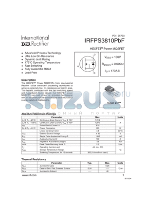 IRFPS3810PBF datasheet - HEXFET^ Power MOSFET