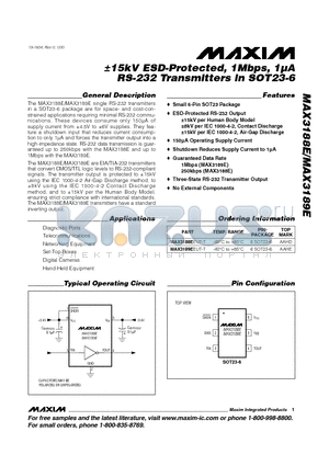 MAX3189EEUT-T datasheet - a15kV ESD-Protected, 1Mbps, 1uA RS-232 Transmitters in SOT23-6