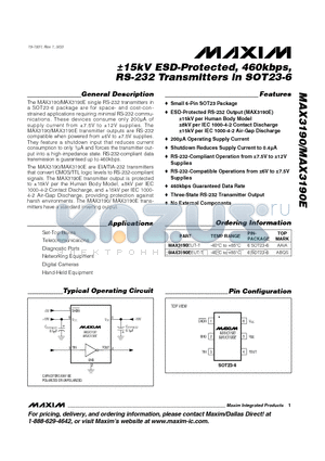 MAX3190EUT-T datasheet - a15kV ESD-Protected, 460kbps, RS-232 Transmitters in SOT23-6