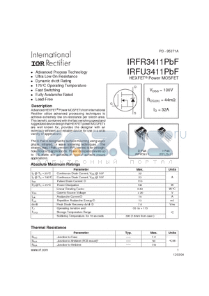 IRFR3411PBF datasheet - HEXFET Power MOSFET