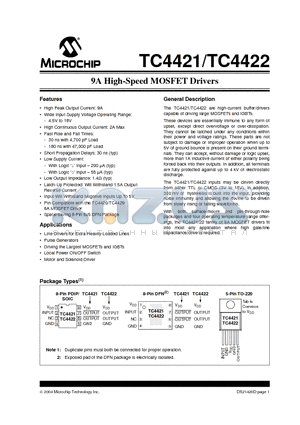 TC4422VPA datasheet - 9A High-Speed MOSFET Drivers