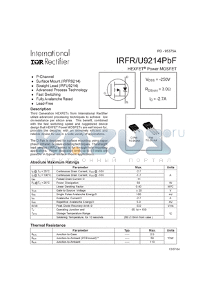 IRFR9214PBF datasheet - HEXFET POWER MOSFET ( VDSS = -250V , RDS(on) = 3.0Y , ID = -2.7A )