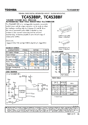 TC4538BP datasheet - DUAL PRECISION RETRIGGERABLE/RESETTABLE MONOSTABLE MULTIVIBRATOR