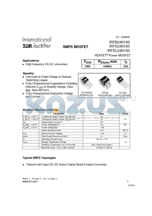 IRFS23N15D datasheet - Power MOSFET(Vdss=150V, Rds(on)max=0.090ohm, Id=23A)