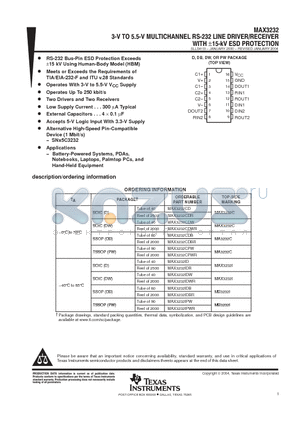 MAX3232 datasheet - 3-V TO 5.5-V MULTICHANNEL RS-232 LINE DRIVER/RECEIVER WITH -15-kV ESD PROTECTION