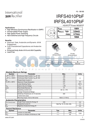 IRFS4010PBF datasheet - HEXFET Power MOSFET