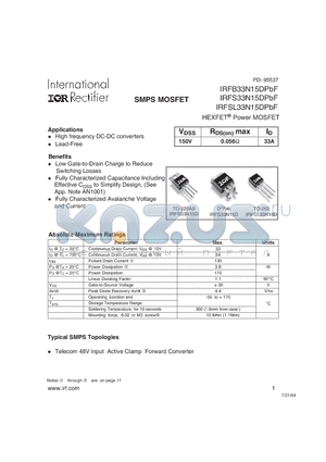 IRFSL33N15DPBF datasheet - SMPS MOSFET HEXFET Power MOSFET