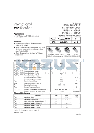 IRFSL41N15DPBF datasheet - HEXFET Power MOSFET