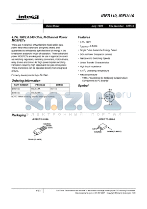 IRFU110 datasheet - 4.7A, 100V, 0.540 Ohm, N-Channel Power MOSFETs