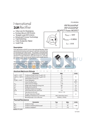IRFU5305PBF datasheet - HEXFET^ Power MOSFET ( VDSS = -55V , RDS(on) = 0.065Y , ID = -31A )