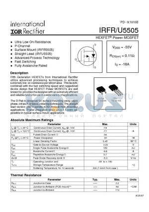 IRFU5505 datasheet - Power MOSFET(Vdss=-55V, Rds(on)=0.11ohm, Id=-18A)