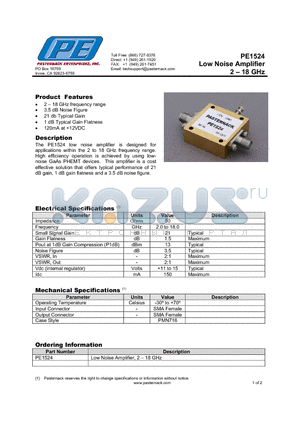 PE1524 datasheet - Low Noise Amplifier 2  18 GHz