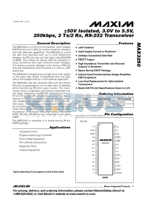 MAX3250EAI datasheet - a50V Isolated, 3.0V to 5.5V, 250kbps, 2 Tx/2 Rx, RS-232 Transceiver