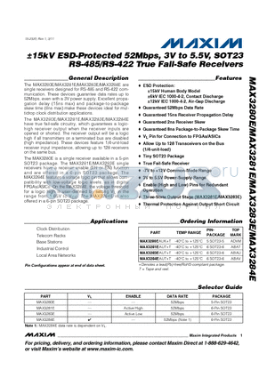 MAX3284EAUTT datasheet - a15kV ESD-Protected 52Mbps, 3V to 5.5V, SOT23 RS-485/RS-422 True Fail-Safe Receivers