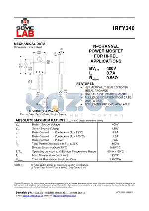 IRFY340 datasheet - NCHANNEL POWER MOSFET FOR HI-REL APPLICATIONS