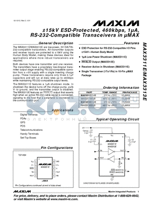 MAX3311EEUB datasheet - a15kV ESD-Protected, 460kbps, 1lA, RS-232-Compatible Transceivers in lMAX