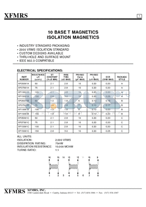 XF07561B datasheet - 10 BASE T MAGNETICS ISOLATION MAGNETICS