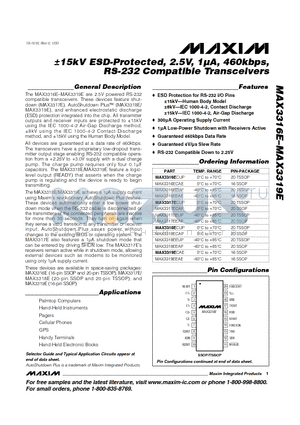 MAX3316 datasheet - a15kV ESD-Protected, 2.5V, 1lA, 460kbps, RS-232 Compatible Transceivers