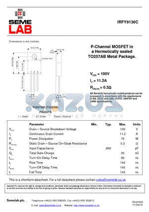 IRFY9130C datasheet - P-Channel MOSFET in a Hermetically sealed