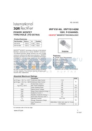 IRFY9140 datasheet - POWER MOSFET THRU-HOLE (TO-257AA)