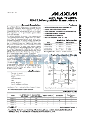 MAX3318CUP datasheet - 2.5V, 1uA, 460kbps, RS-232-Compatible Transceivers