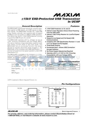 MAX3346EEBE-T datasheet - a15kV ESD-Protected USB Transceiver in UCSP