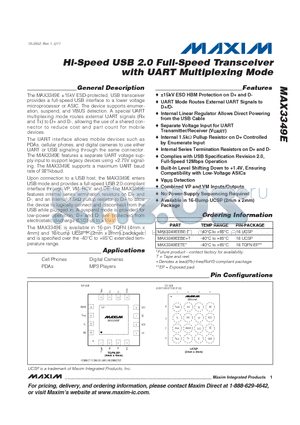 MAX3349EETE datasheet - Hi-Speed USB 2.0 Full-Speed Transceiver with UART Multiplexing Mode