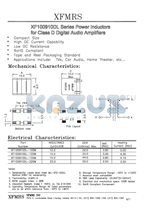 XF100910DL-120M datasheet - XF100910DL Series Power Inductors for Class D Digital Audio Amplifiers