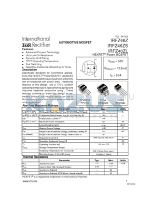 IRFZ46Z datasheet - AUTOMOTIVE MOSFET