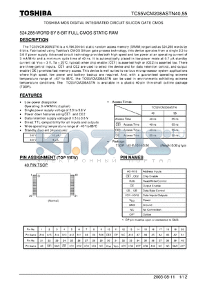 TC55VCM208ASTN40 datasheet - 524,288-WORD BY 8-BIT FULL CMOS STATIC RAM
