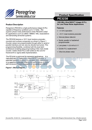 PE3238 datasheet - 1500 MHz UltraCMOS Integer-N PLL for Low Phase Noise Applications