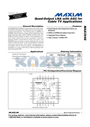 MAX3558 datasheet - Quad-Output LNA with AGC for Cable TV Applications