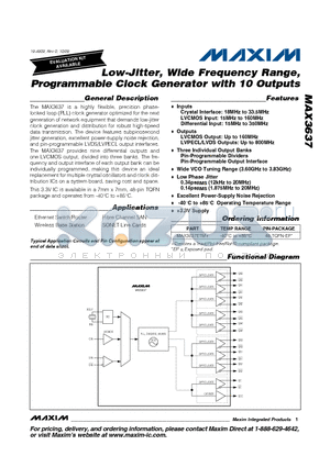 MAX3637ETM+ datasheet - Low-Jitter, Wide Frequency Range, Programmable Clock Generator with 10 Outputs