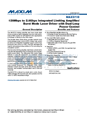 MAX3710ETG+ datasheet - 125Mbps to 2.5Gbps Integrated Limiting Amplifier/Burst Mode Laser Driver with Dual-Loop Power Control