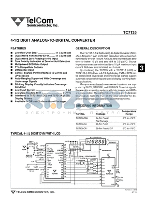 TC7135CPI datasheet - 4-1/2 DIGIT ANALOG-TO-DIGITAL CONVERTER