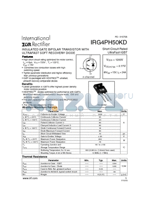 IRG4PH50KD datasheet - INSULATED GATE BIPOLAR TRANSISTOR WITH ULTRAFAST SOFT RECOVERY DIODE(Vces=1200V, Vce(on)typ.=2.77V, @Vge=15V, Ic=24A)