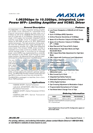 MAX3798ETJ+ datasheet - 1.0625Gbps to 10.32Gbps, Integrated, Low-Power SFP Limiting Amplifier and VCSEL Driver