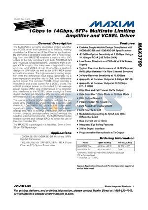 MAX3799E/D datasheet - 1Gbps to 14Gbps, SFP Multirate Limiting Amplifier and VCSEL Driver