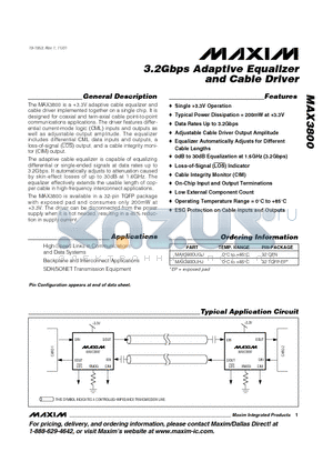 MAX3800 datasheet - 3.2Gbps Adaptive Equalizer and Cable Driver