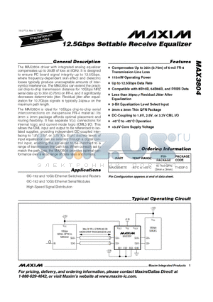 MAX3804ETE datasheet - 12.5Gbps Settable Receive Equalizer