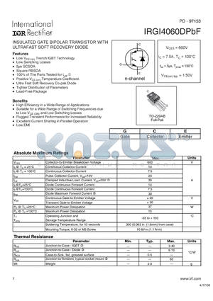 IRGI4060DPBF datasheet - INSULATED GATE BIPOLAR TRANSISTOR WITH ULTRA FAST RECOVERY DIODE