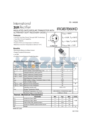 IRGIB7B60KD datasheet - INSULATED GATE BIPOLAR TRANSISTOR WITH ULTRAFAST SOFT RECOVERY DIODE