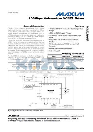 MAX3905 datasheet - 150Mbps Automotive VCSEL Driver